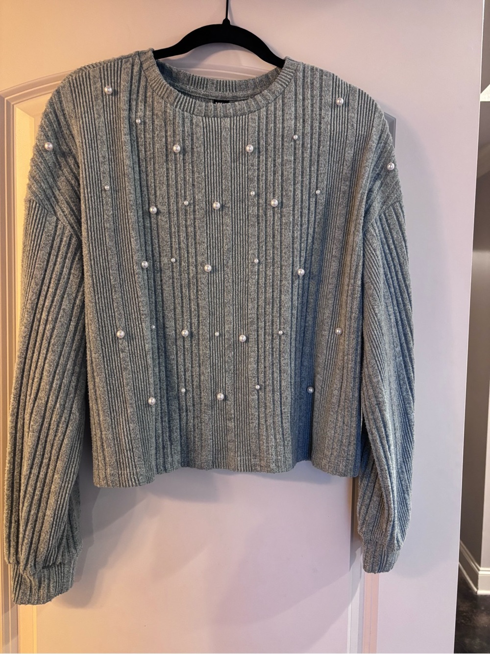 SHEIN Grey Ribbed Pearl-Accent Crewneck Sweater